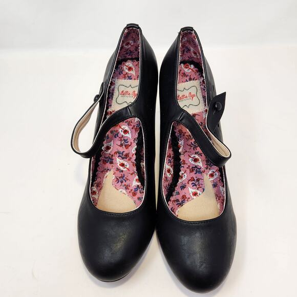 Bettie Page Shoes by Ellie Black Leather Mary Jane Pumps Heels Size 10 Pinup. - Picture 3 of 9